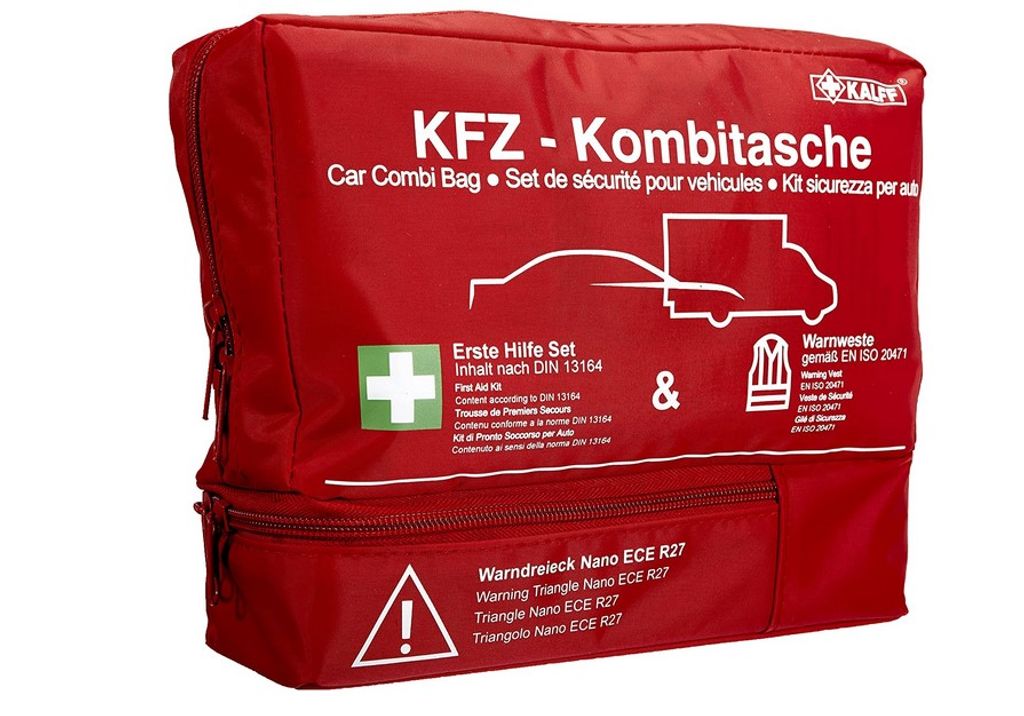 kingsmed GmbH - Privatkunden - KFZ Klassik Verbandtasche + Warnweste gelb +  Nano Warndreieck HOLTHAUS Verbandkasten mit Füllung nach DIN 13 164 grau