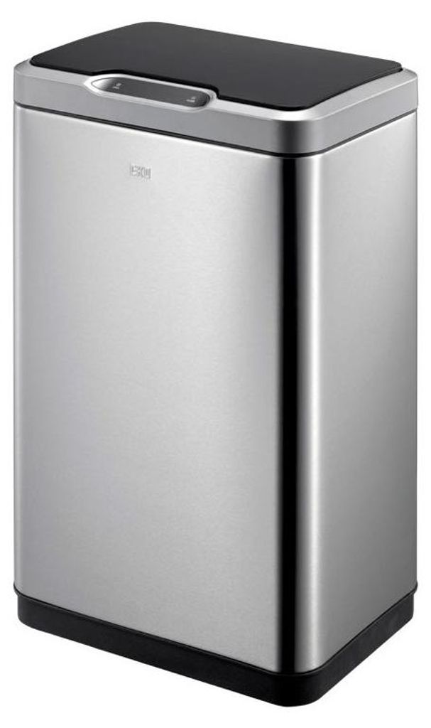 A studio shot of a stainless steel trash can with a black lid.