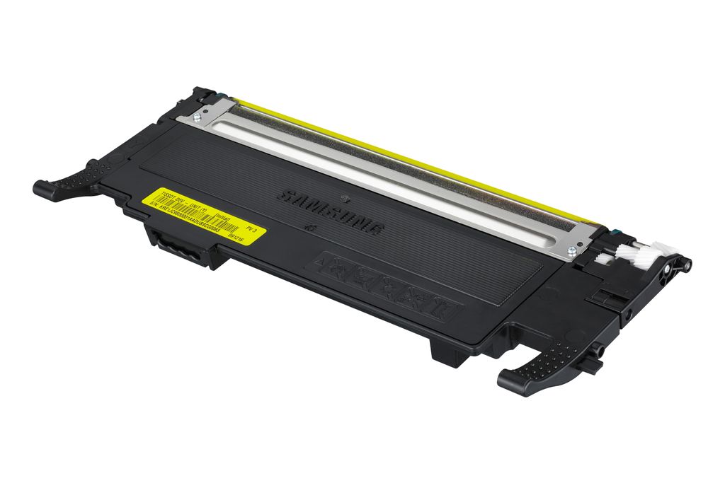 A yellow and black Samsung toner cartridge is shown against a white background.
