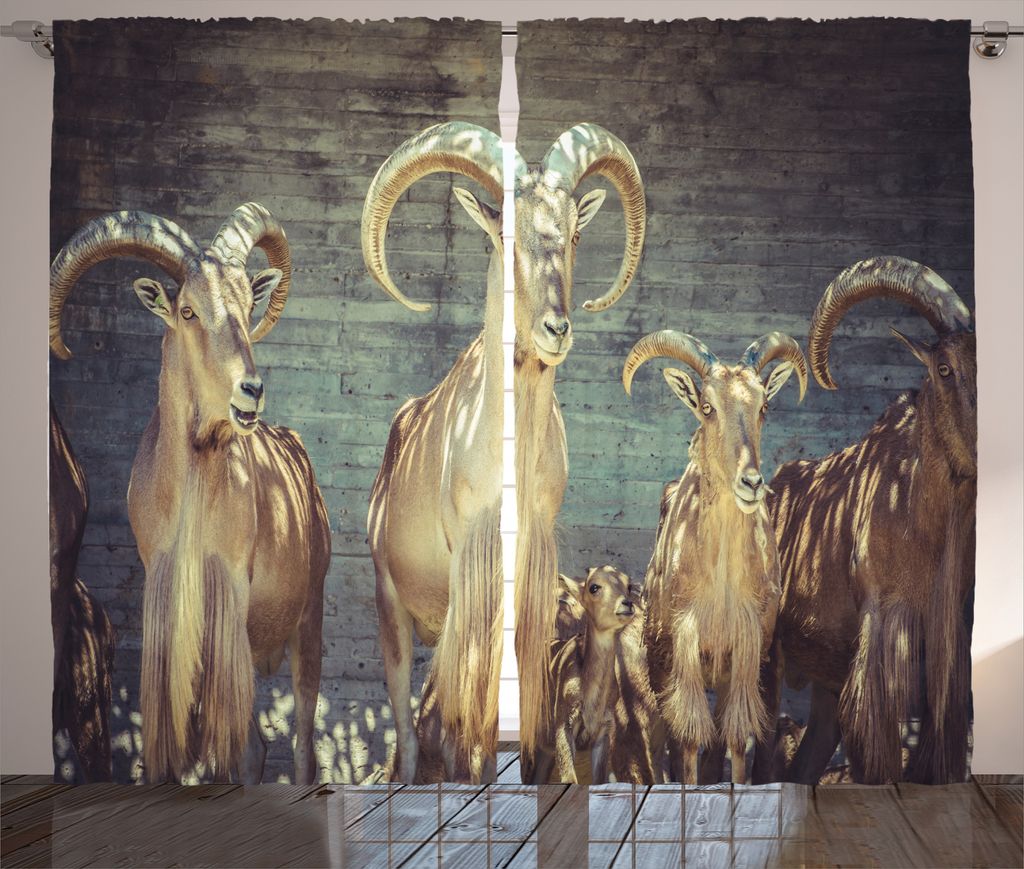 ABAKUHAUS Tierdruck Rustikaler Vorhang, Steinbock-Geweihe, Wohnzimmer Universalband Gardinen mit Schlaufen und Haken, 280 x 225 cm, Beige