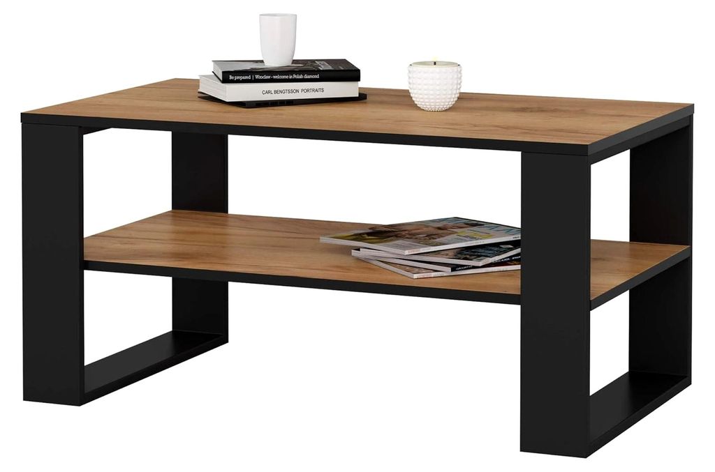 Couchtisch aus Holz Alex mit Regal, 92x45x53cm, Für Wohnzimmer und Schlafzimmer, Minimalistisches modernes Design, Schichtstoffplatte 16mm, Farbe ...