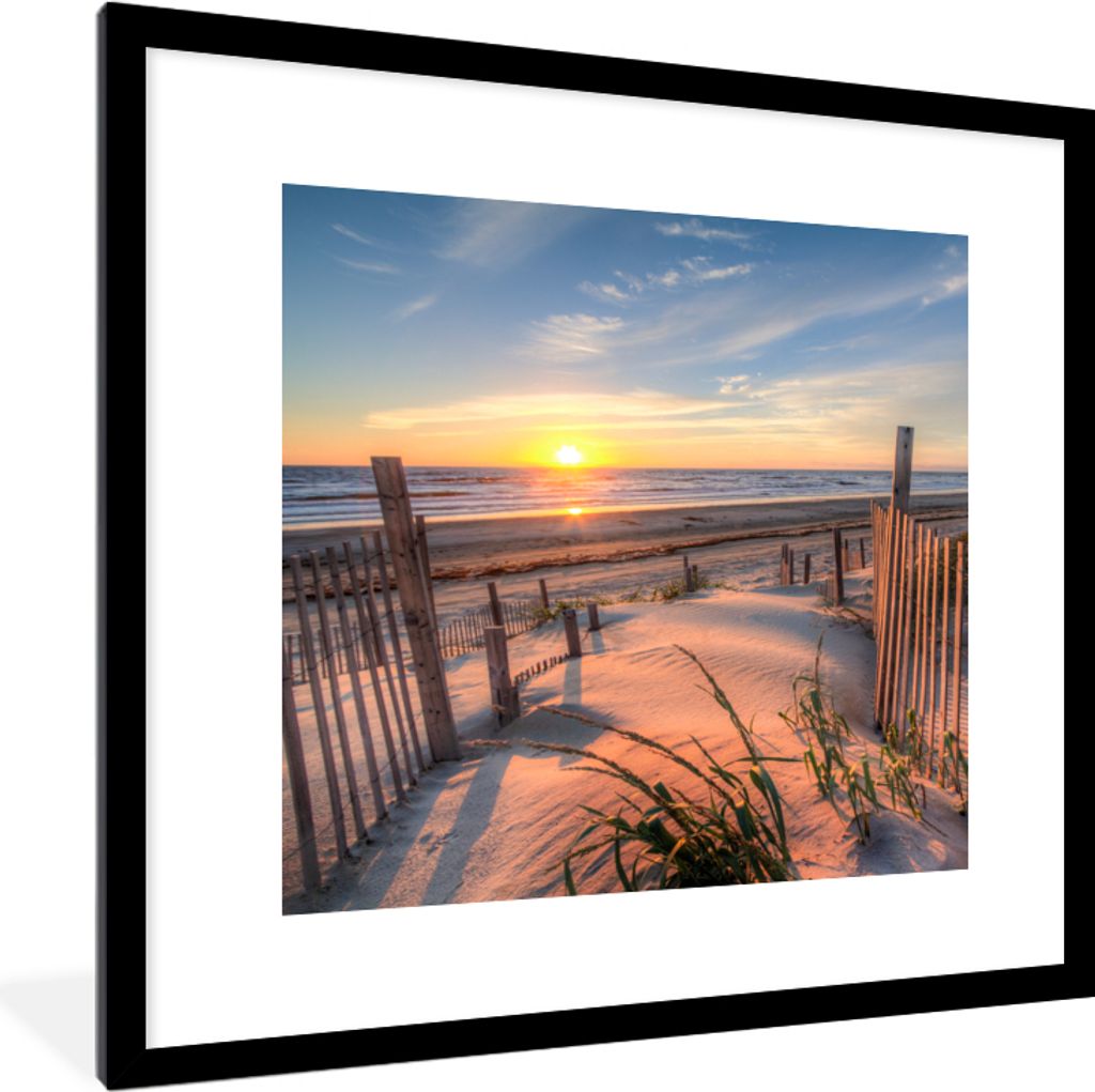 MuchoWow Gerahmtes Poster Strand - Meer - Düne - Sonnenuntergang - Landschaft 40x40 cm - Poster mit Schwarzem Bilderrahmen Wandposter Rahmen Fot...