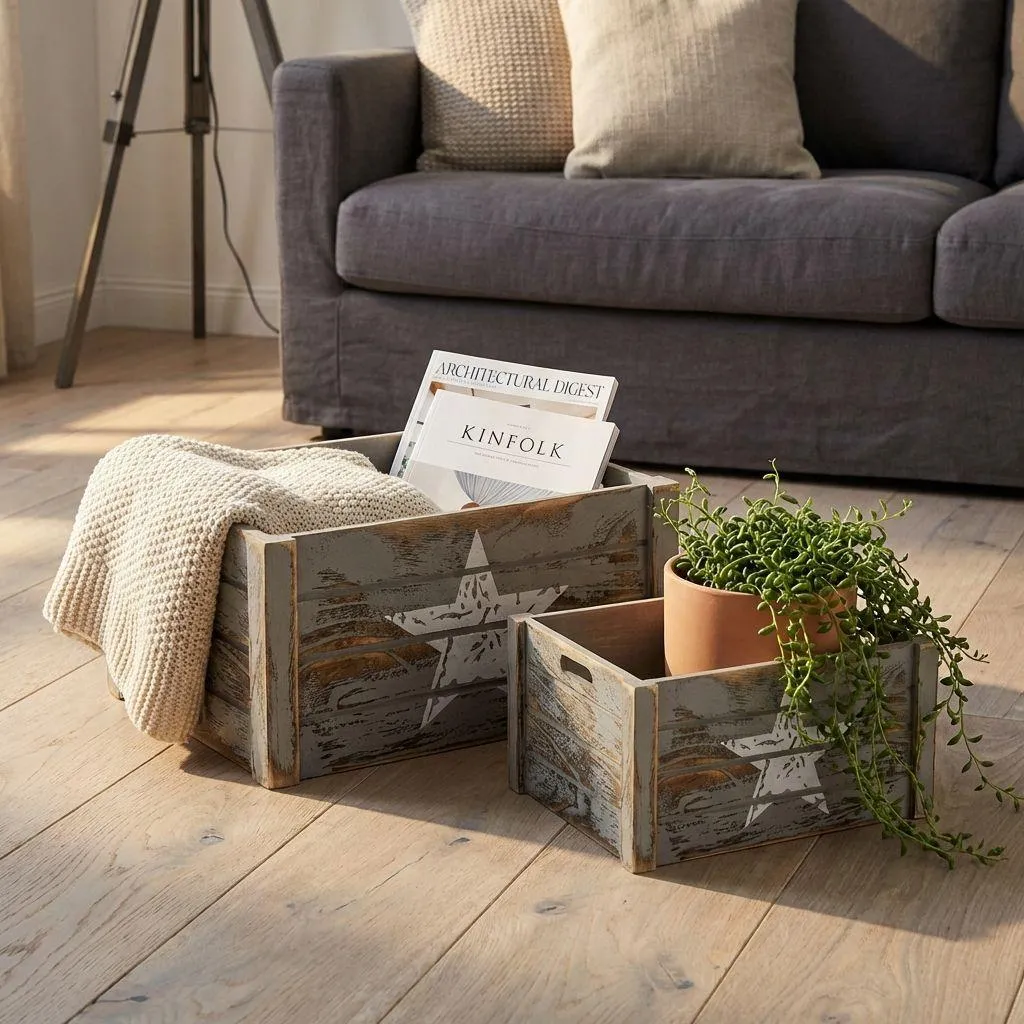 MilaniHome.it - Set Di 3 Cassette In Legno Di Design Industrial Stile Moderno Con Decoro , G.41x31x20/M.36x26x18/P.31x21x16/xS.26x16x14di coloreGrigio
