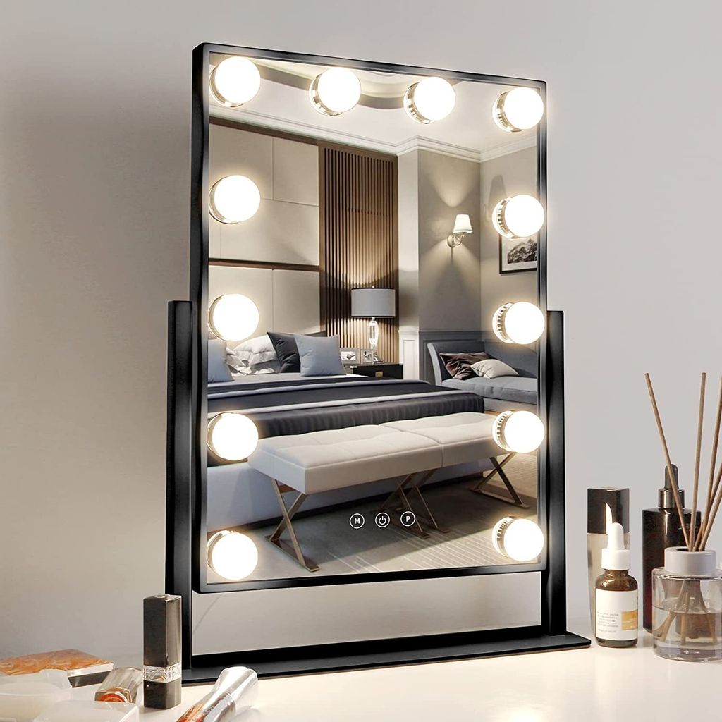 Kosmetikspiegel mit Licht, Kosmetikspiegel mit 12 LED-Lampen, 3 Farbmodi, 35,6 x 45,7 cm, 360° drehbar, beleuchteter Schminkspiegel, Schwarz