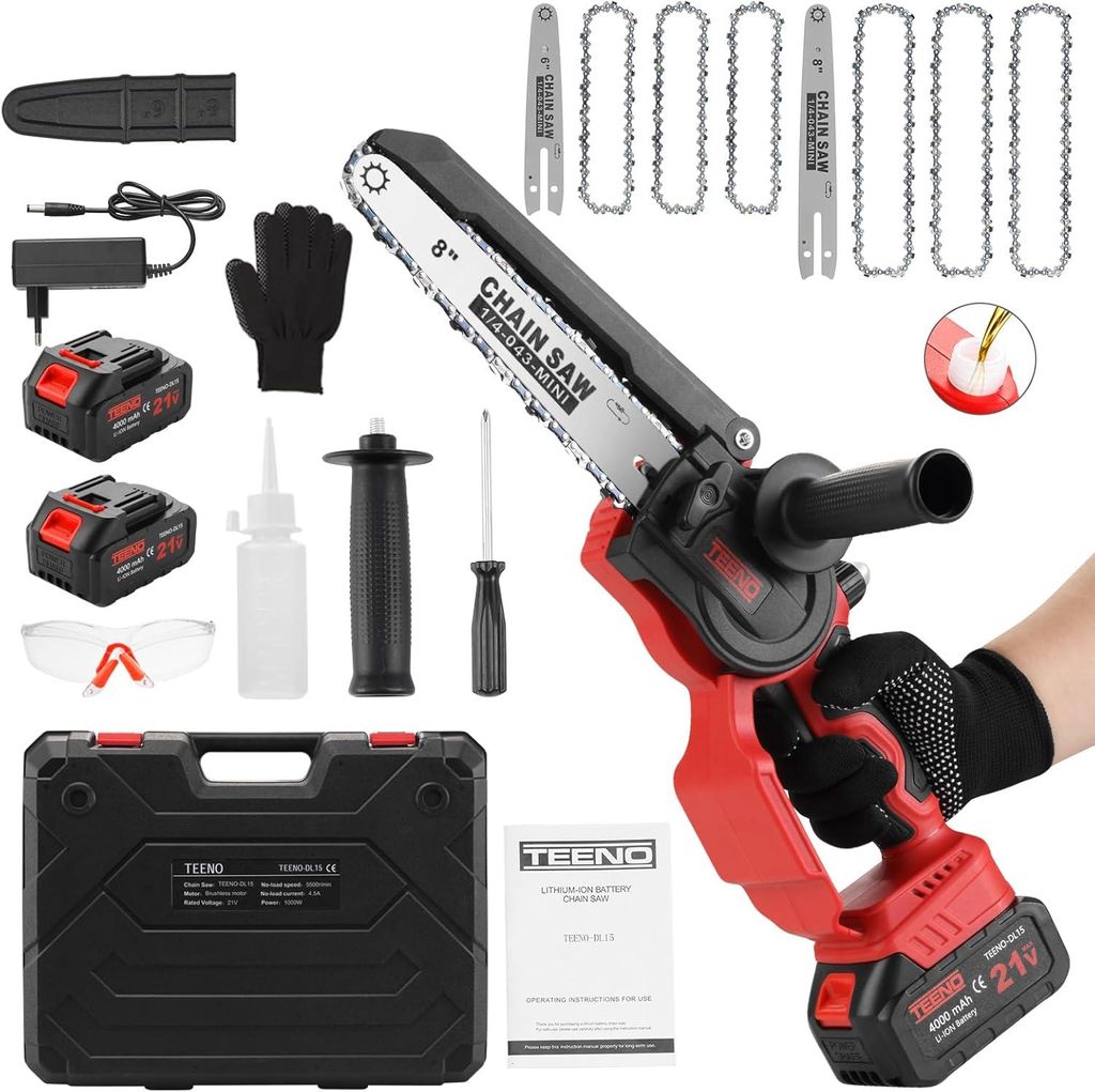 TEENO Akku Mini Kettensäge 6&8 Zoll 2-in-1, 6 Ketten Produktbild 