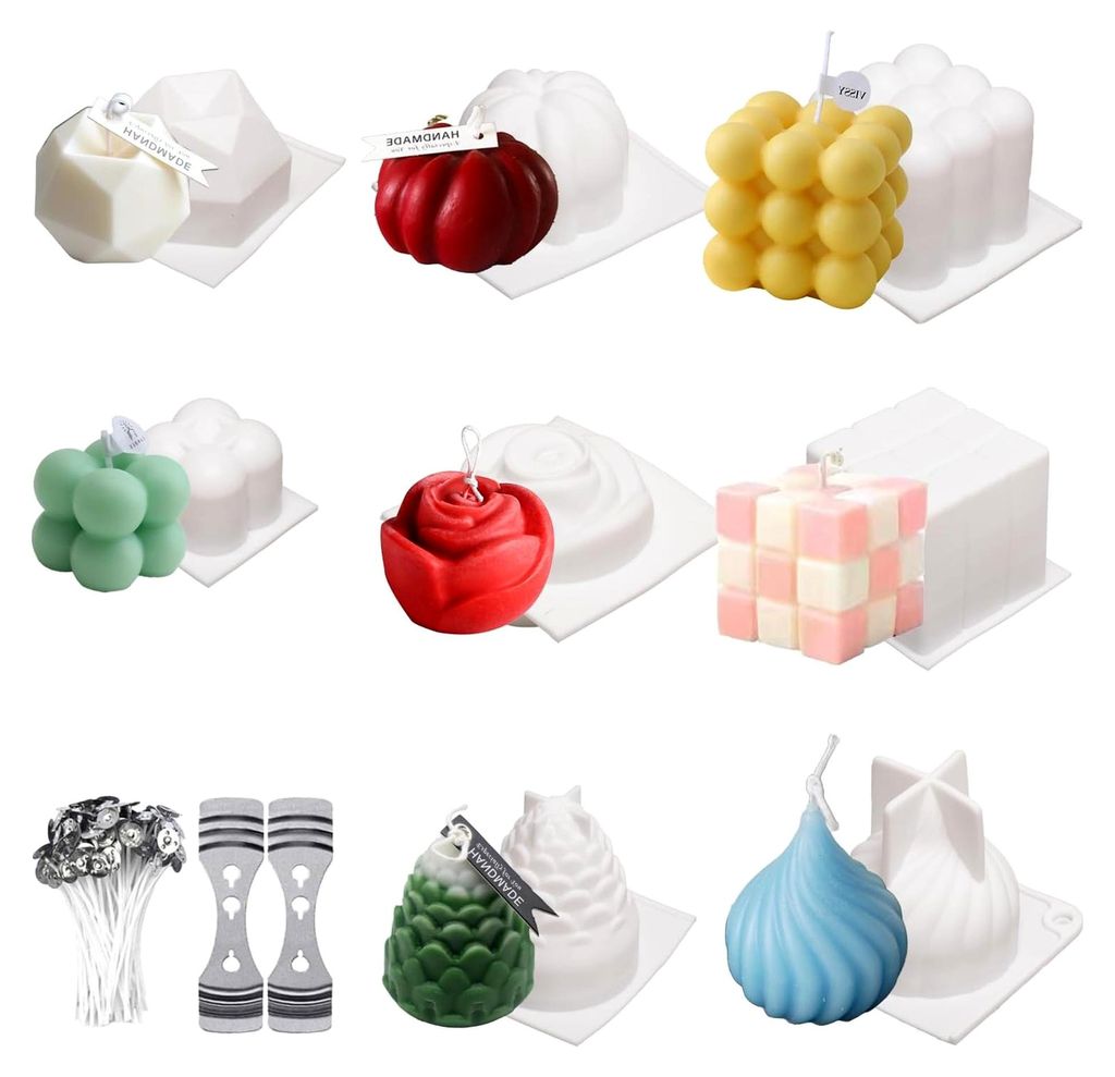 Set mit 8 Silikonformen für Kerzen, Gießformen zum Selbermachen, Bubble Kerzen Kit, Blumen, Tannenzapfen und Würfelformen mit 50 Kerzendochten u...
