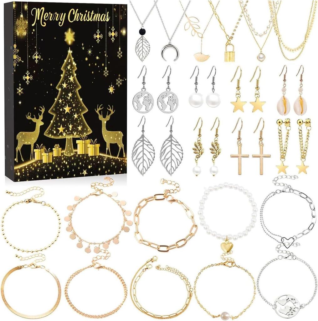 Woalopted Schmuck Adventskalender 2025 für Mädchen & Frauen, 24-Tage Countdown Kalender mit Ohrringen, Halsketten & Armbändern,Geschenk zu Weihn...