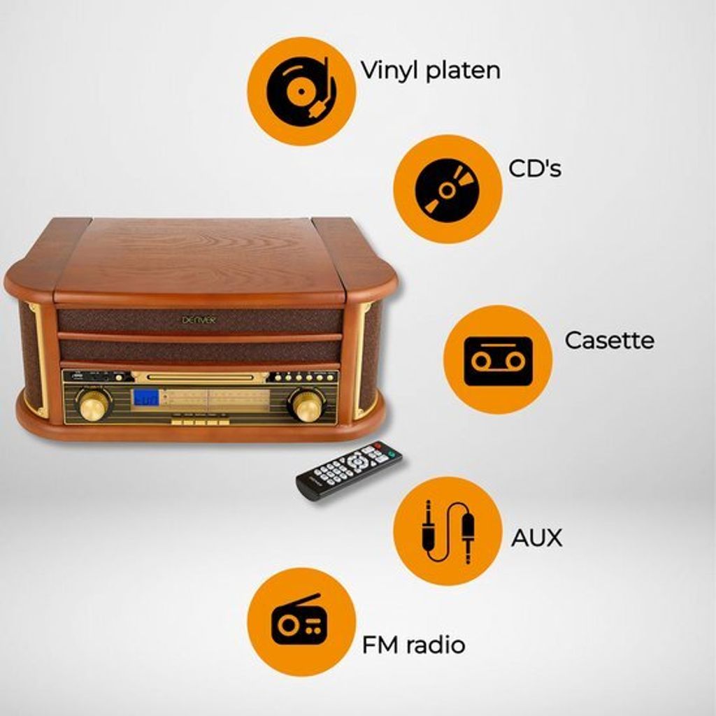Denver MCR-50MK2 Retro drevený gramofón s rádiom CD kazetou Obrázok produktu 14