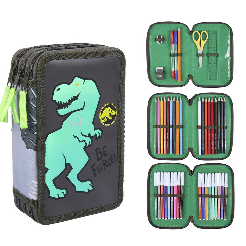 Federmäppchen mit Zubehör Jurassic Park Schulmäppchen Dunkelgrün (12,5 x 6,5 x 19,5 cm)