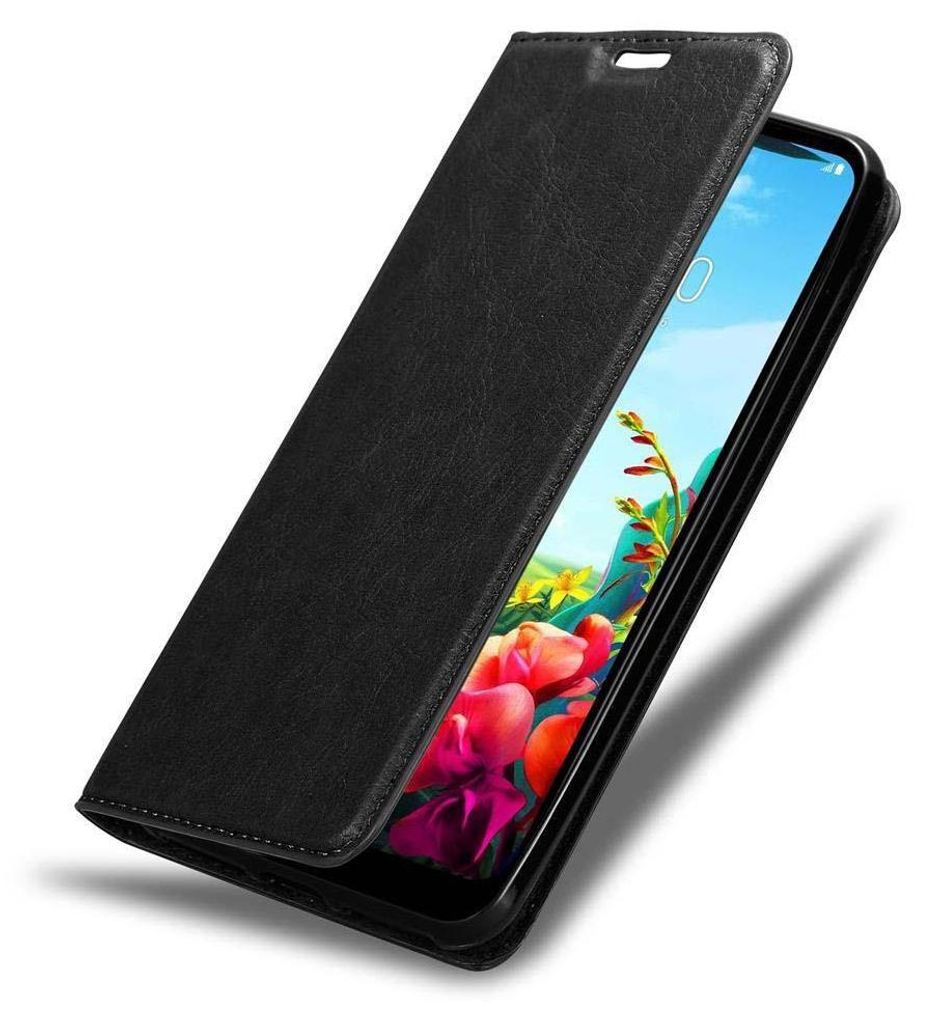 A black flip phone case is shown open, revealing the phone screen with a colorful wallpaper.