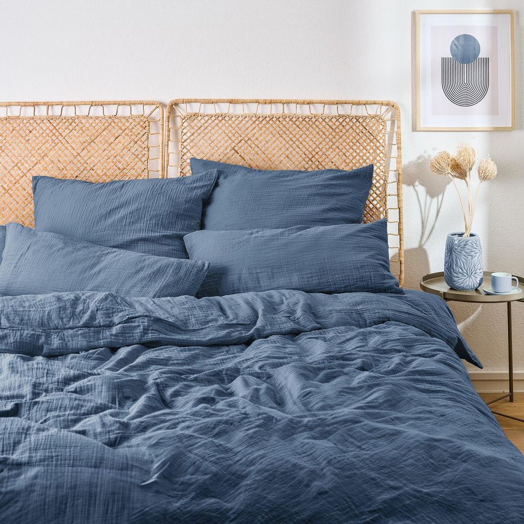 Blumtal Musselin Bettwäsche 155x220 cm - Bettbezug 155x220 + Kissenbezug 80x80 Dunkelblau