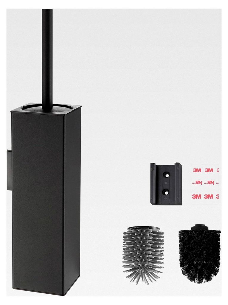 Wandmontierte Klobürste Schwarz, Klobürstenhalter ohne Bohren, Metall mit 2 Bürstenköpfen, Silikon WC Bürste Eckig