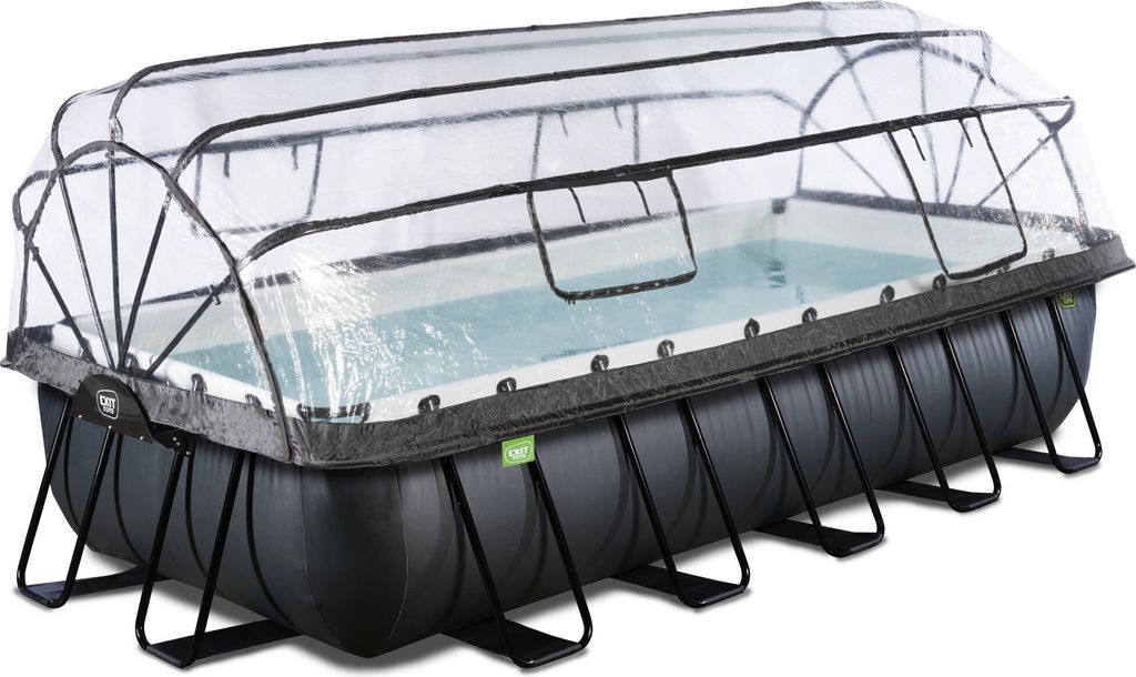 An above-ground swimming pool with a clear cover.