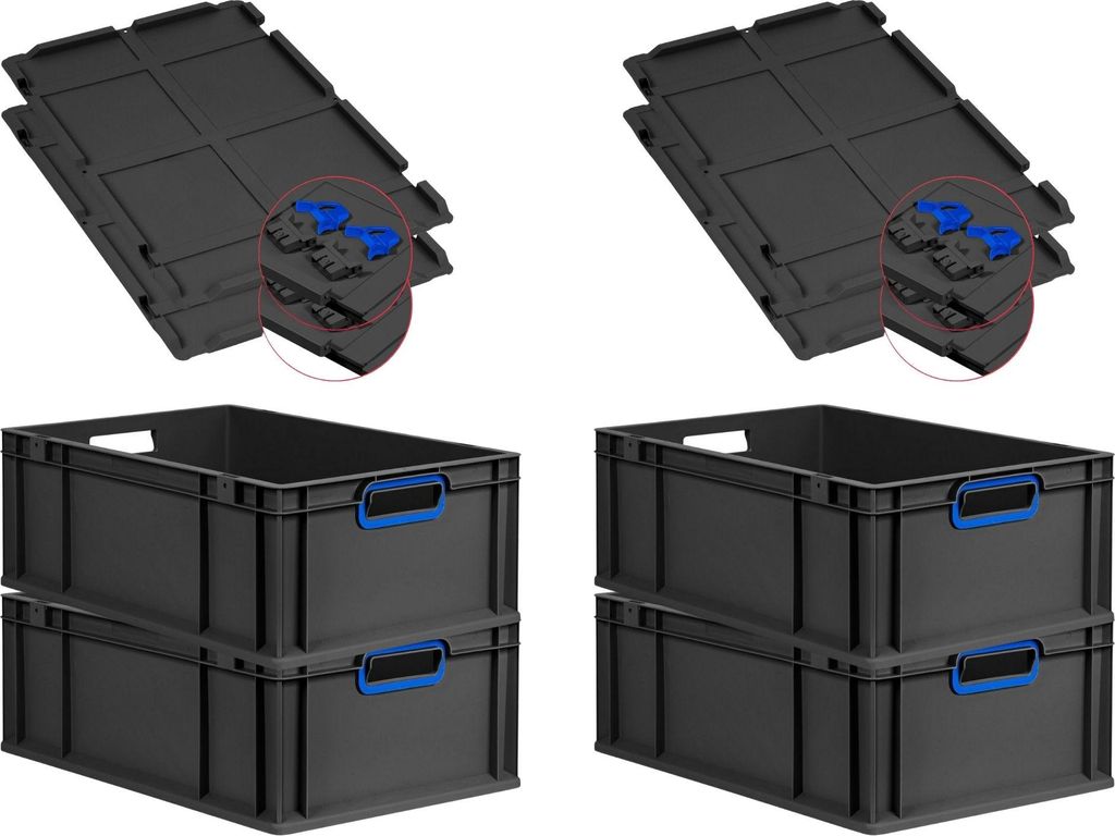 SuperSparSet 4x Eurobox NextGen Color mit Scharnierdeckel und Schiebeschnappverschlüssen | HxBxT 22x40x60cm | 44 Liter | Schwarz | Griffe blau off...