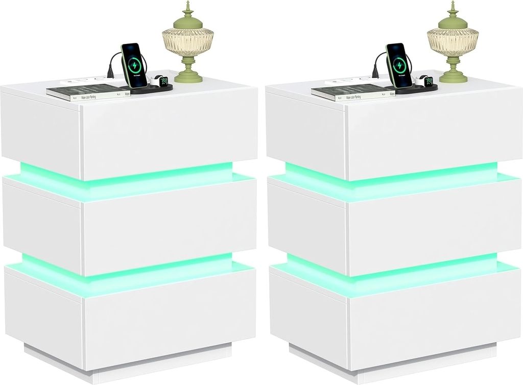 Nachttisch 2er Set Nachttisch mit Steckdose,LED Weiß Produktbild 