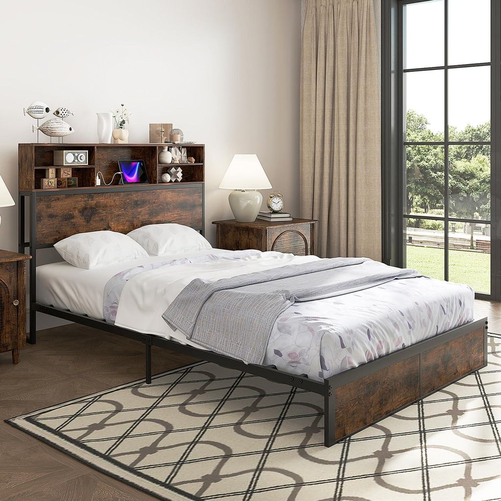 GOPLUS Metallbett mit Ladefunktion, 140 x 200 cm Doppelbett mit Kopfteil & Unterbett-Stauraum, Bettgestell mit Lattenrost,Ohne Matratze, Braun