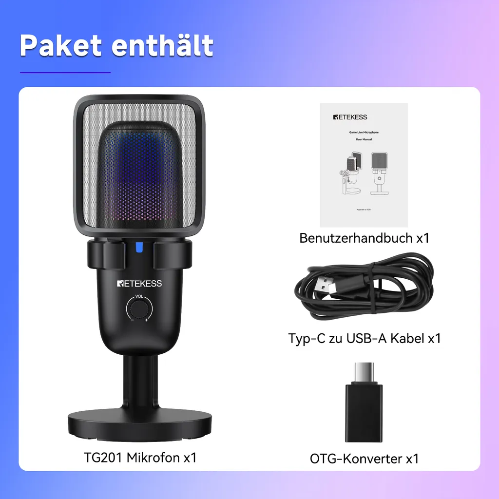 Microphone de streaming Retekess TG201 USB pour podcast et gaming PC - 9
