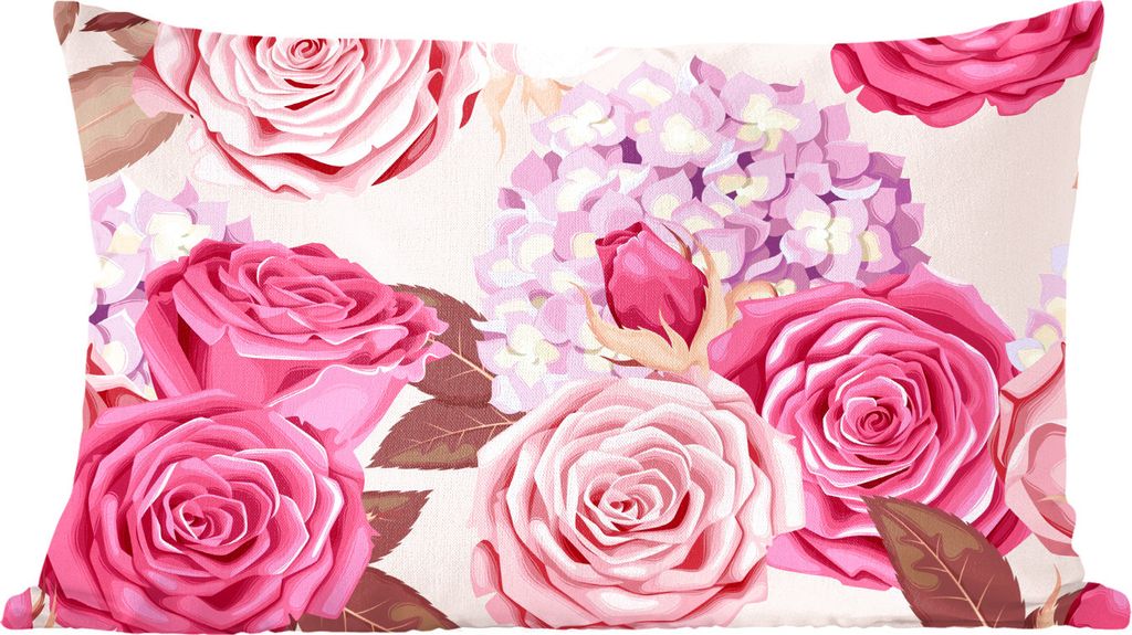 MuchoWow Zierkissen Sofakissen Wohnzimmer Dekokissen 50x30 cm Rosen - Hortensien - Blumen - Rosa - Wohnzimmerdekoration - Polster mit Photo