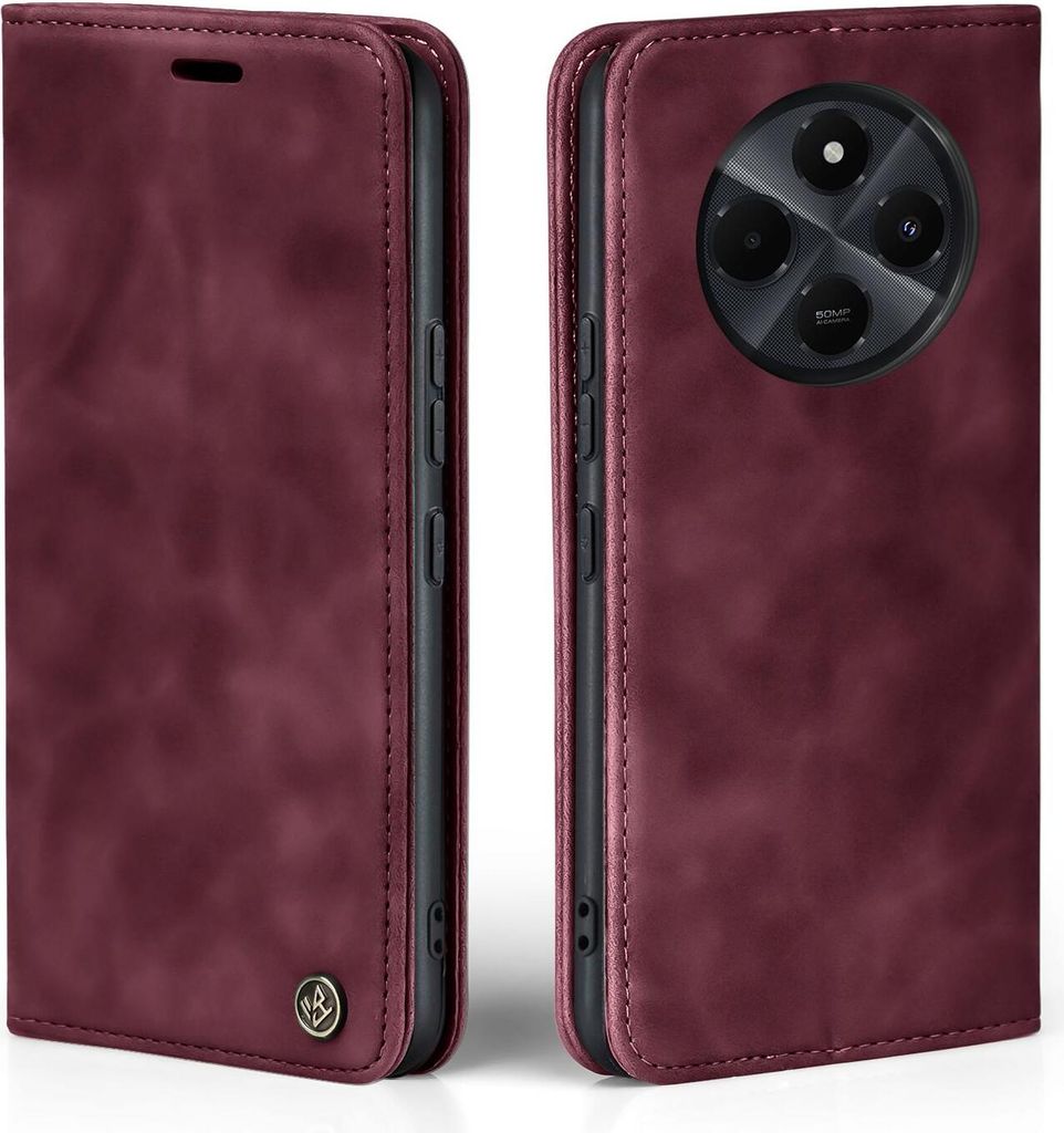 A burgundy flip case for a smartphone is shown from two angles, open and closed.