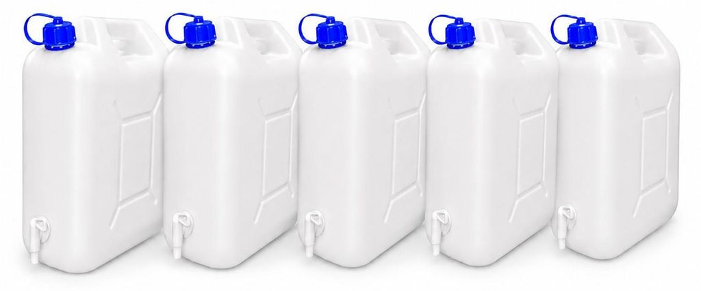 5x 20L Wasserkanister mit Zapfhahn lebensmittelecht HDPE Trinkwasserkanister stapelbar UV-beständig mit Deckel & Ausgießer für Camping Wohnmobil...