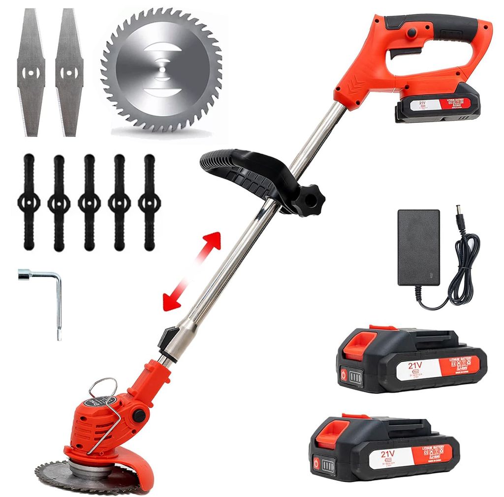 A collection of cordless grass trimmer components and accessories laid out on a white background.