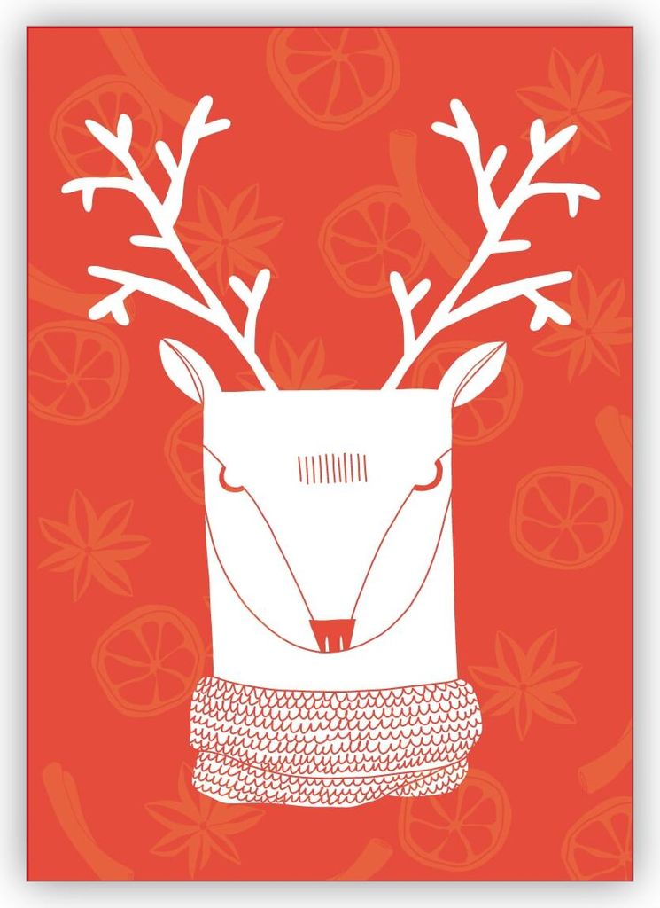 Schicke moderne Weihnachtskarte mit Retro Hirsch auf Zimt und Nelken in orange