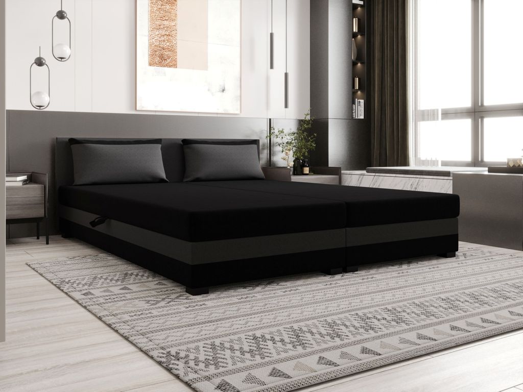 Doppelbett im kontinentalen Stil, 140 x 200 cm, Modell ROSIE 14 – schwarz/dunkelgrau