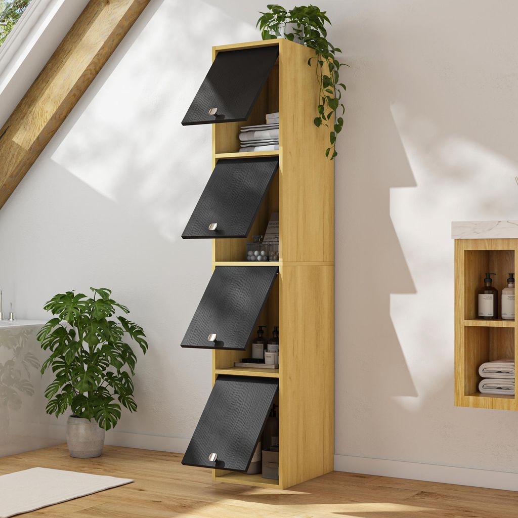 Hochschrank mit Verdeckten Schiebetüren, Vitrine mit 4 Fächer, Hoher Schrank, Aktenschrank, Holzfarbe und Schwarz, MDF, 30 × 160 × 40 cm