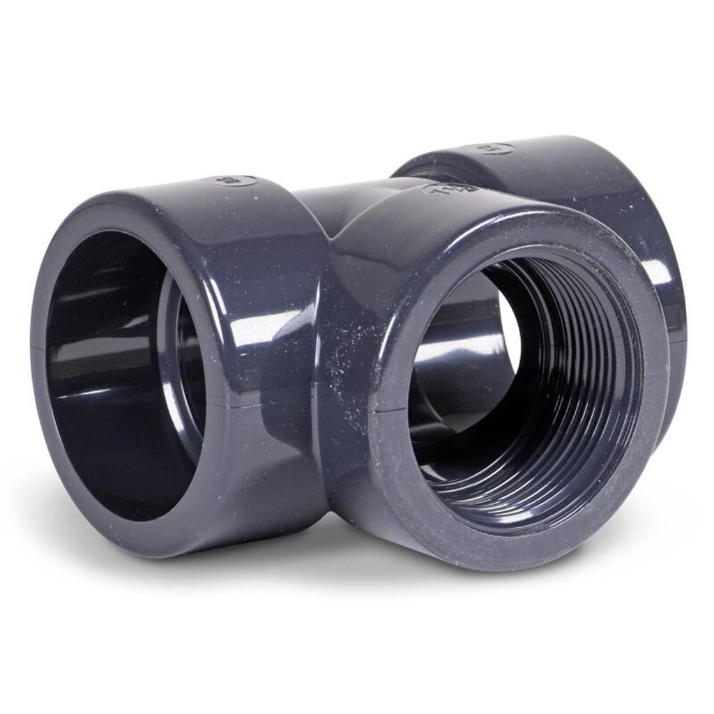 Mega T-Stück 90° PVC-U 50 mm x 1 1/2 Zoll x 50 mm Klebemuffe x Innengewinde x Klebemuffe 10 bar, grau