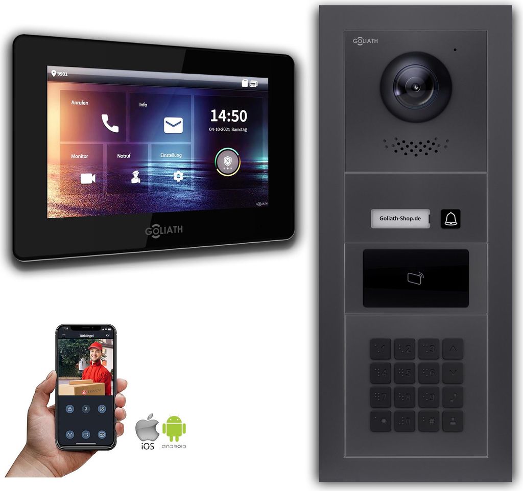 Türsprechanlage mit Kamera Goliath IP 2-Draht Zahlencode RFID Anthrazit : Unterputzdose : 7 Zoll in Schwarz Türklingel Montagedose: Unterputzdose...