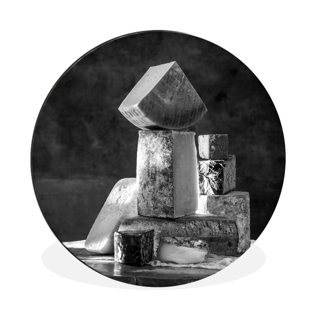 MuchoWow Aluminium Wandkreis Käsestapel - schwarz und weiß Ø 90 cm Wanddeko Modern Wohnzimmer - Mauerkreis - Wandbilder - Runde Bild - Bild au...