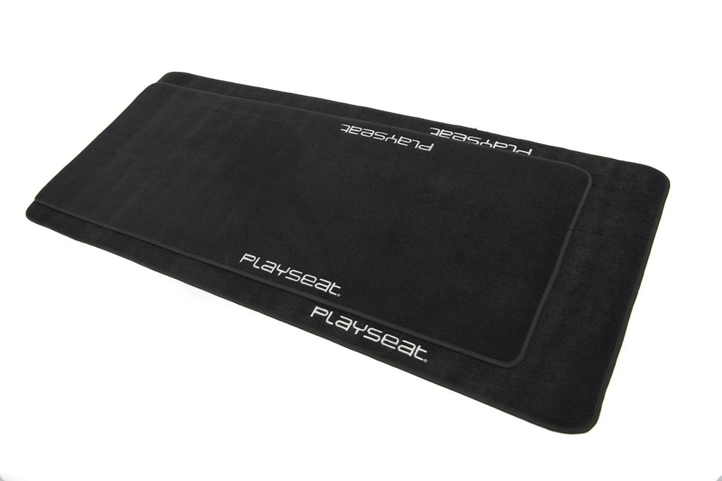 Two black floor mats are stacked on a white background.