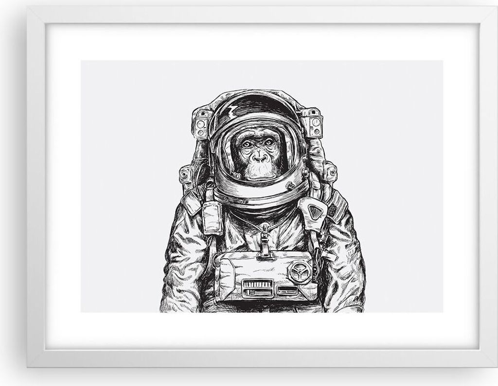 Gerahmtes Poster - Weißer Rahmen - Schimpanse Astronaut Zeichnung - 40x30 cm - Wand Bild - Wanddeko - Wandbilder - Wandposter - Bilderrahmen - Bil...