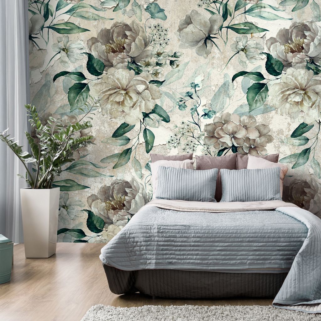 Vlies Fototapete Retro Blumen 400x280 cm Tapeten Wandtapete XXL Natur Blätter Zweige Botanik grün beige b-C-10154-a-c