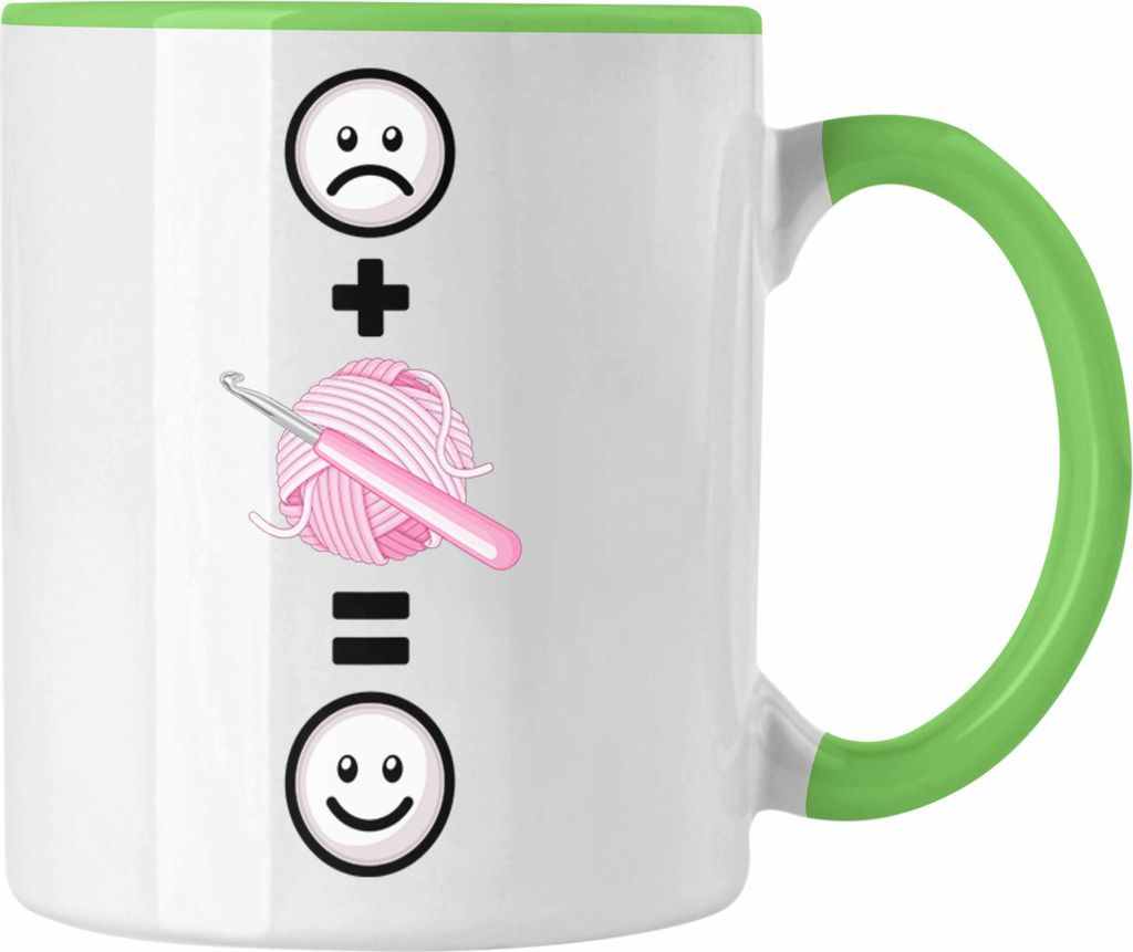 Trendation - Stricken Tasse Geschenk für Häckel Strickerin Lustige Geschenkidee :( + Garn und Wolle = :) (Grün)