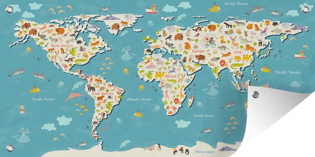 MuchoWow 80x40 cm Outdoor-Poster Gartendeko Sichtschutz Garten Poster für den Garten Weltkarte Kinder - Blau - Tiere