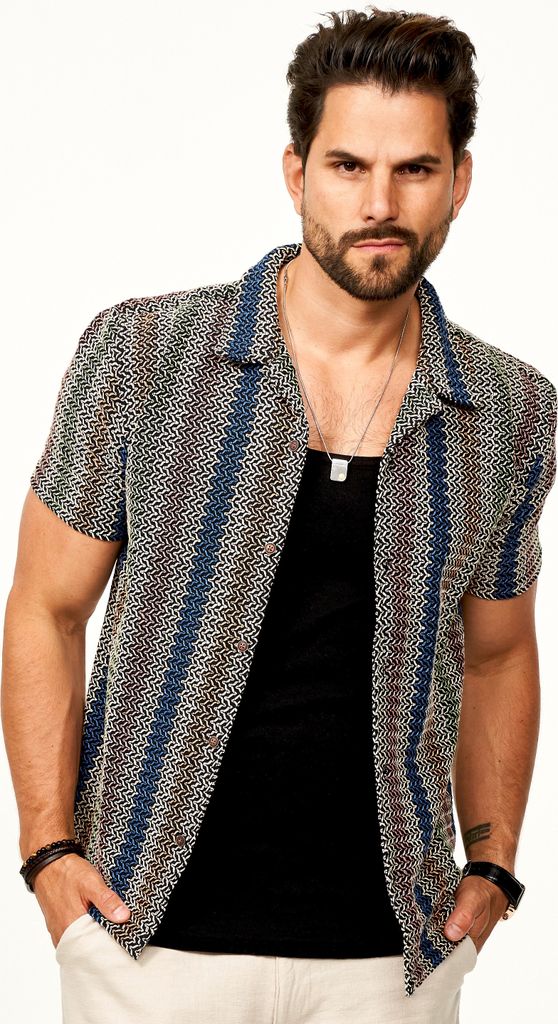 SOULSTAR Herren Kurzarmhemd für Herren im Vintage Summer-Look als Kurzam Strick Hemd Strick Polo-Hemd T-Shirt im Regular-Fit Festival Hemd