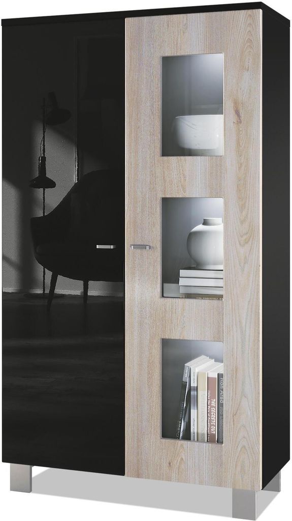 Vladon Vitrine Denjo, Germany, Standvitrine mit 2 Türen und 3 Glaseinsätzen, Schwarz matt/ Schwarz Hochglanz/ Eiche Nordic, inkl. LED-Beleuchtung...