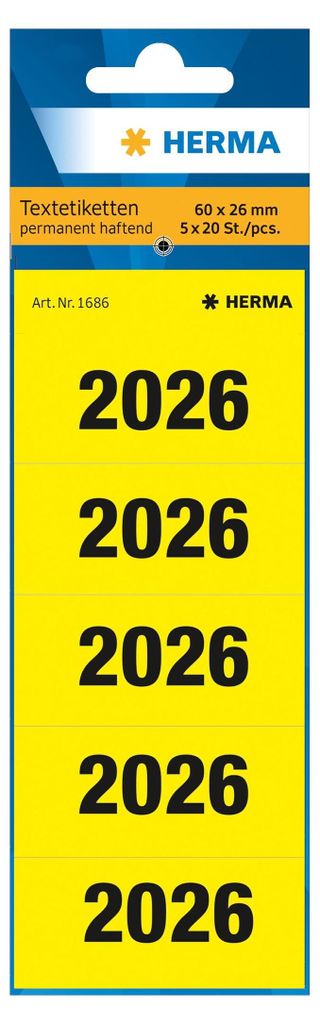 A product shot of Herma text labels with the number 2026 printed on them, presented in a vertical format.