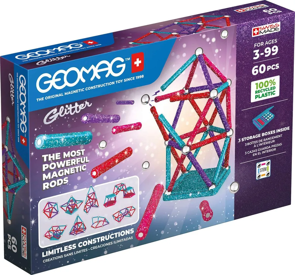 Construction Geomag Paillettes Recyclées - Kit Créatif 60 Pièces - 3 ans+
