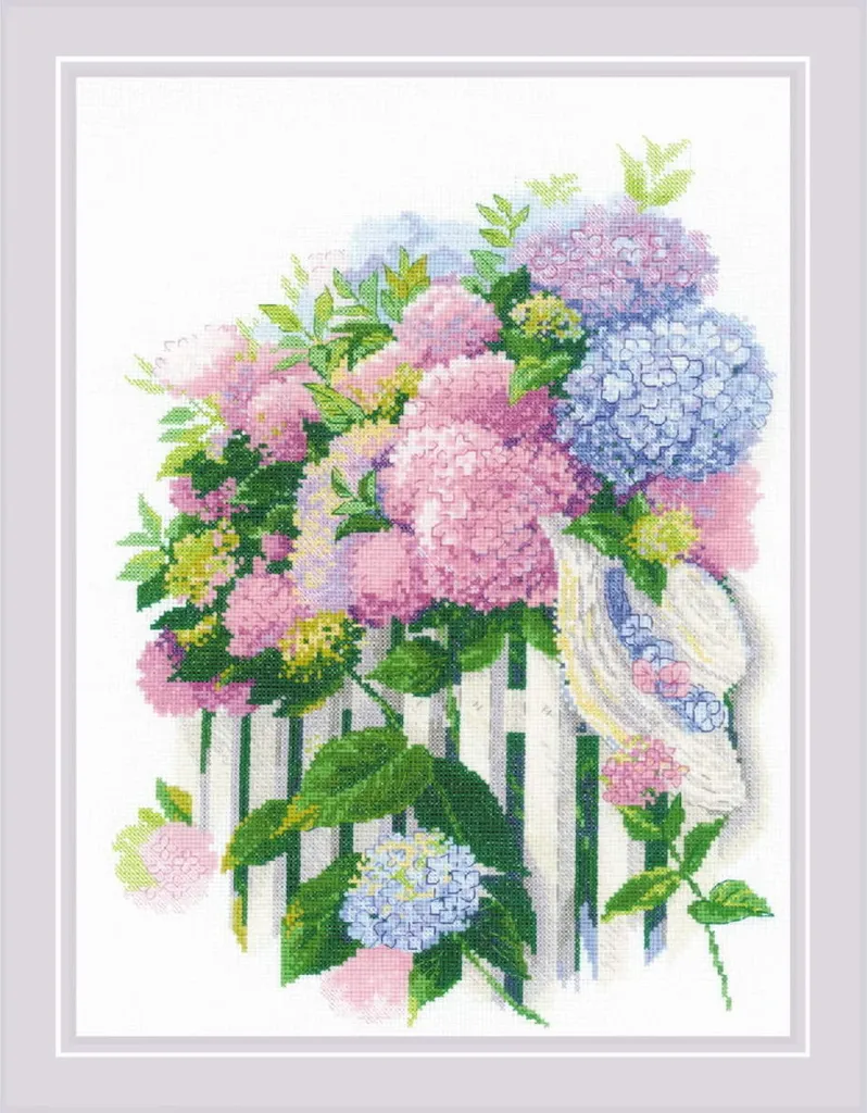 Kit Point de Croix Floral pour Décoration Murale Hortensia 30x40 cm