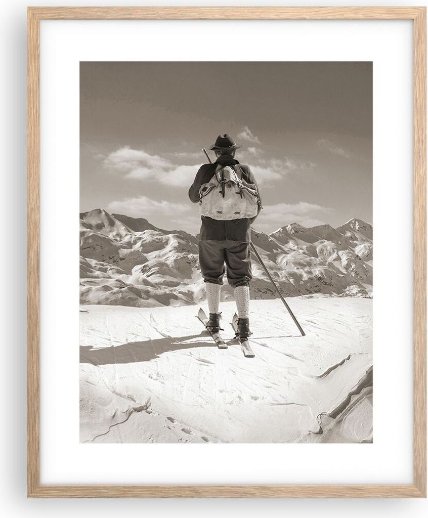 Gerahmtes Poster - Rahmen in heller Eiche - Skifahrer Bayern Sepia - 40x50 cm - Wand Bild - Wanddeko - Wandbilder - Wandposter - Bilderrahmen - Bil...