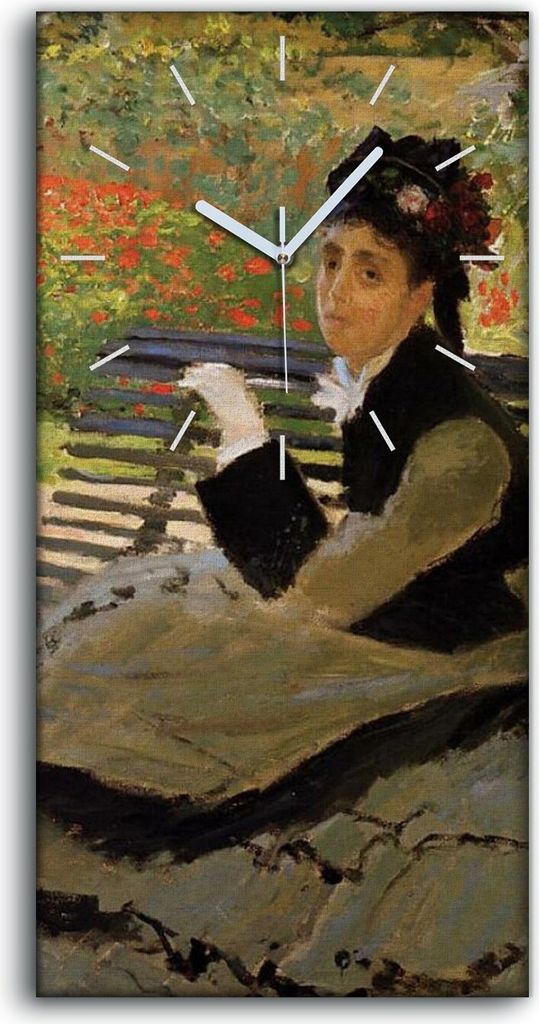 Wanduhr Bürouhr Leinwand Bild 30x60 Camille Monet auf einer Gartenbank - weiße Hände