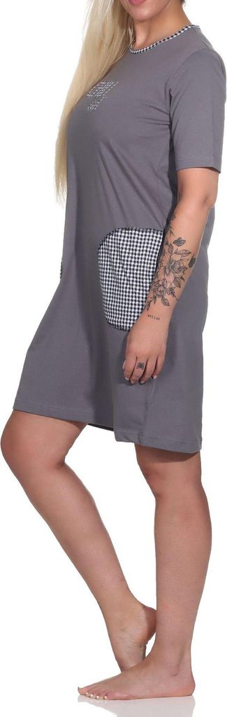 Damen kurzarm Nachthemd mit aufgesetzten Taschen und Frontprint – auch in Übergrößen ; grau , 36