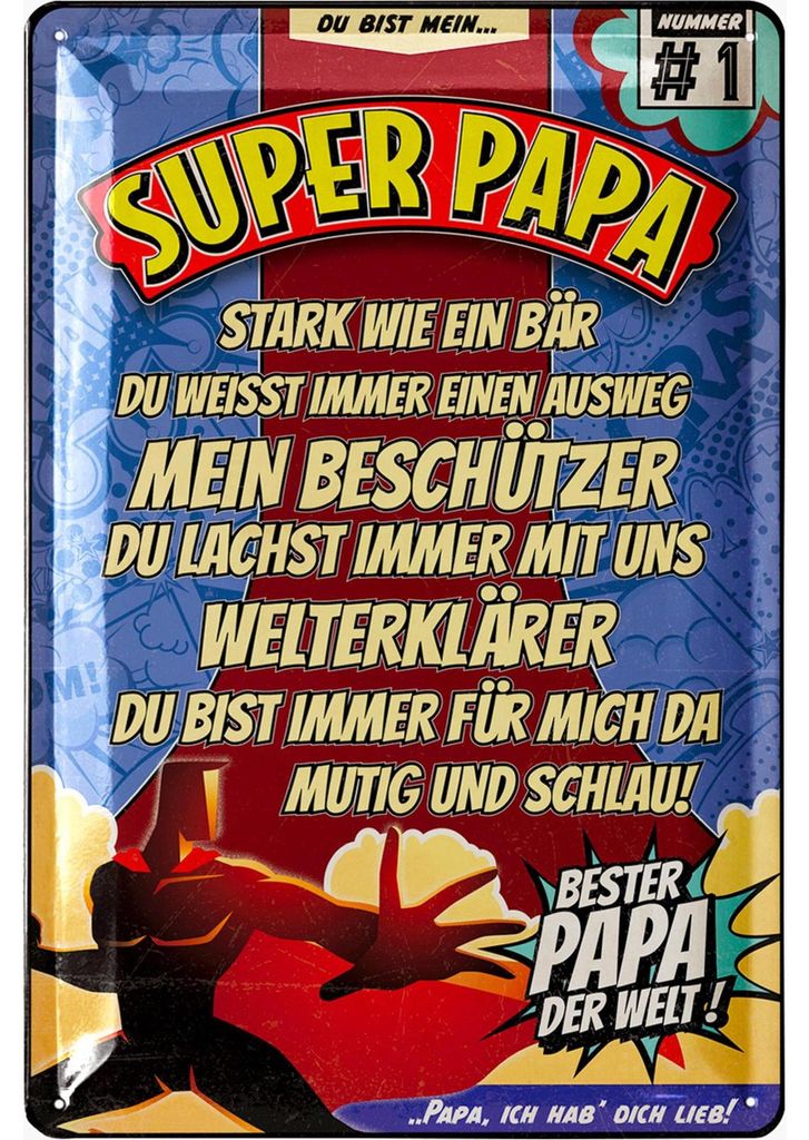 Blechschild Papa Geschenk - SUPERPAPA - Geschenke für Papa - Geburtstag, Vatertag oder Weihnachten - Bester Papa Werkstatt Schilder