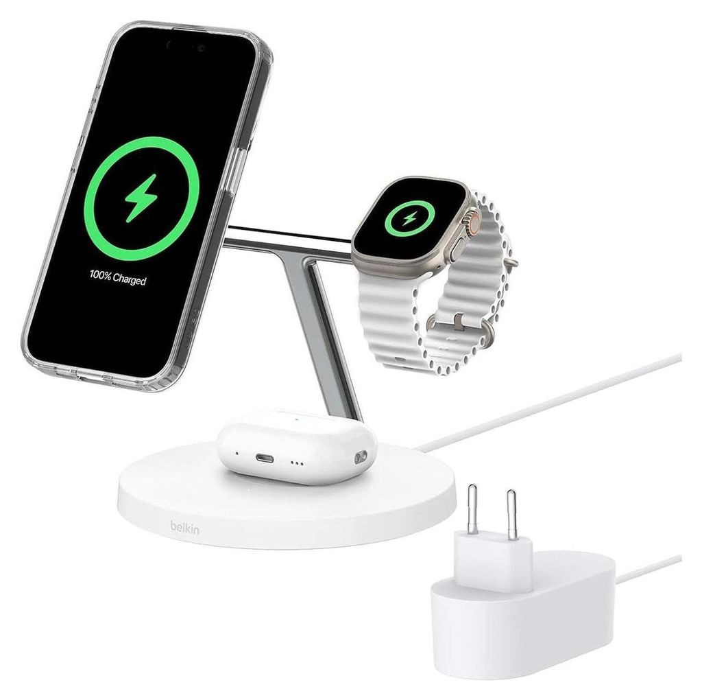 A white wireless charging stand with a smartphone and smartwatch attached, along with a white charging brick and cable.