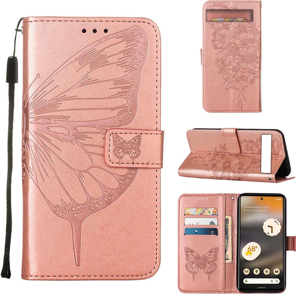 Google Pixel 7A Hülle, Schmetterling Prägung Flip Leder Kartenfächer Schutzhülle Ledertasche mit Ständer für Google Pixel 7A Pink