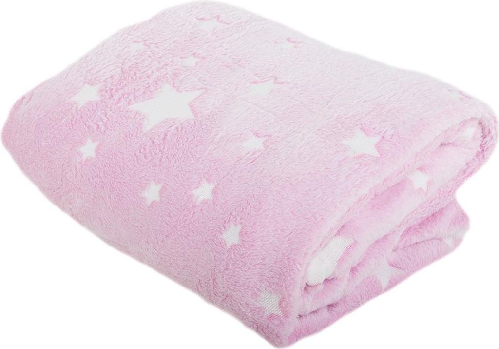 A folded pink blanket with white stars.