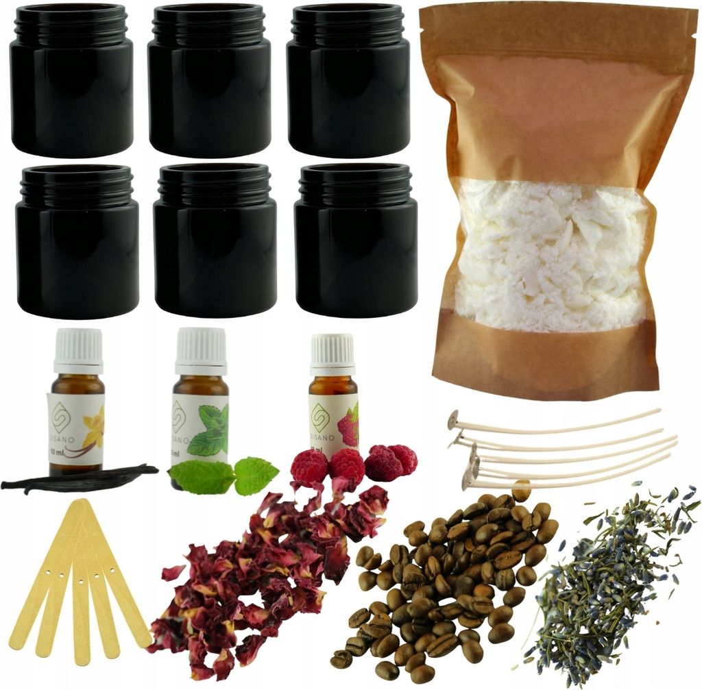 Sisano - Kerzen Selber Machen Set DIY - Kerzenwachs 600 g mit 6 x Gläser - 3 x Duftöl - 12 x Kerzendochte aus Baumwolle Dochthalter mit Klammer- Zubehör für Deko - Kerzen Gießen Set