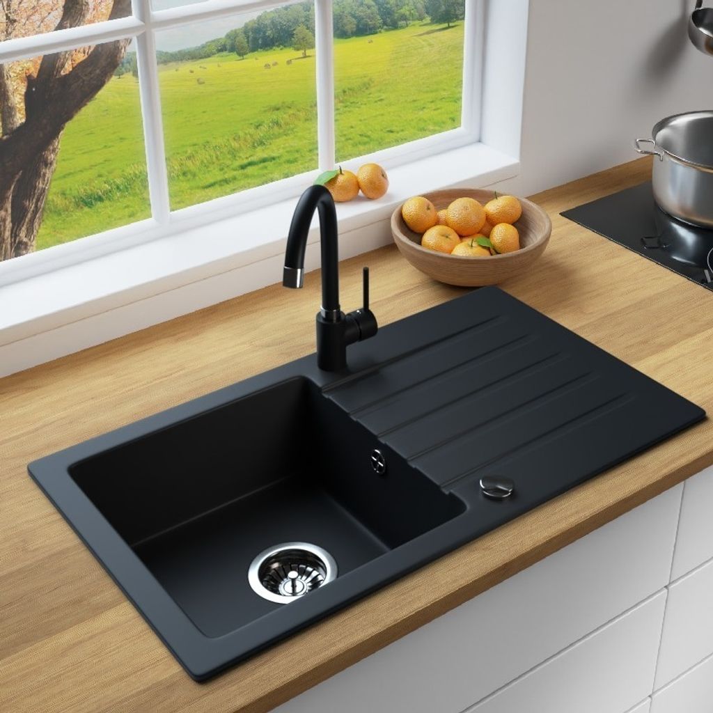 MIT ARMATUR - Rein Schwarz LINDBERGH Antibakterielle Granit Spüle "MEG44" + "1-Galo" Einbauspüle Küchenspüle Spülbecken